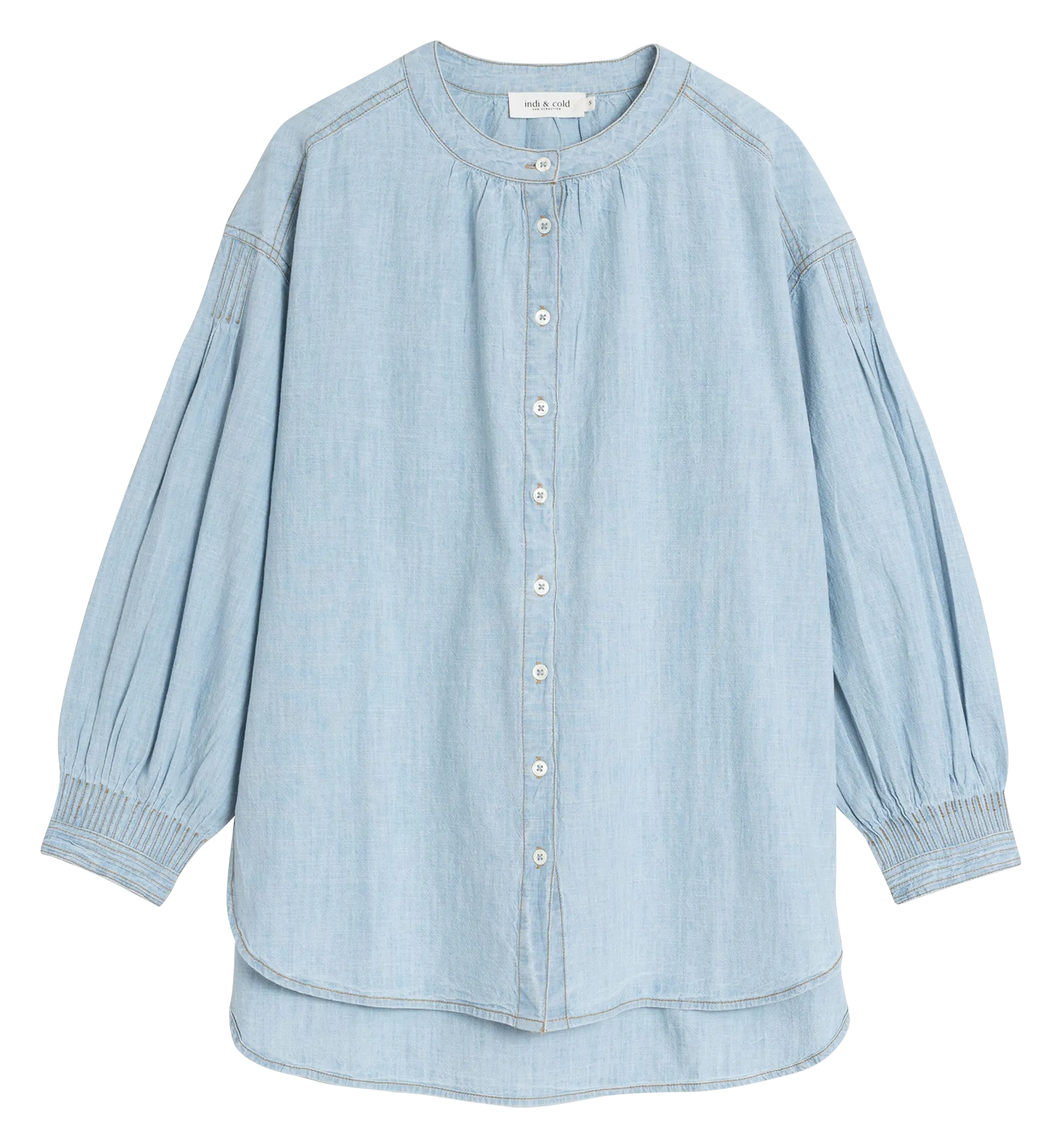 INDI & COLD Camisa holgada de cuello redondo en denim en azul