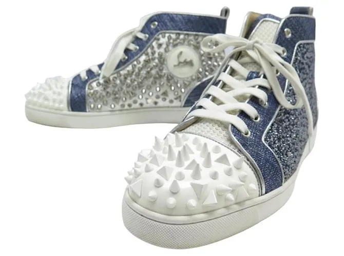 NUEVOS ZAPATOS DE DENIM CON PINCHOS DE CHRISTIAN LOUBOUTIN LOUIS MIX MID TOP 45 Zapatillas Azul 