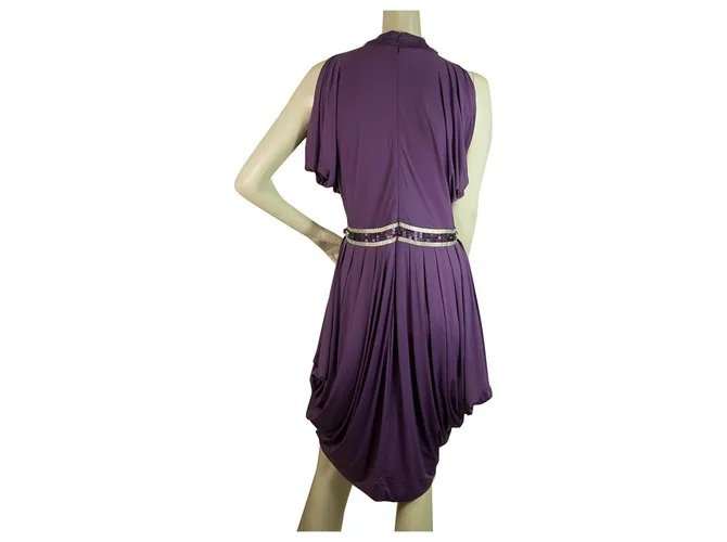 Pinko Vestido Hasta La Rodilla Sin Mangas Con Cuentas De Cintura Imperio Drapeado Púrpura sz L 