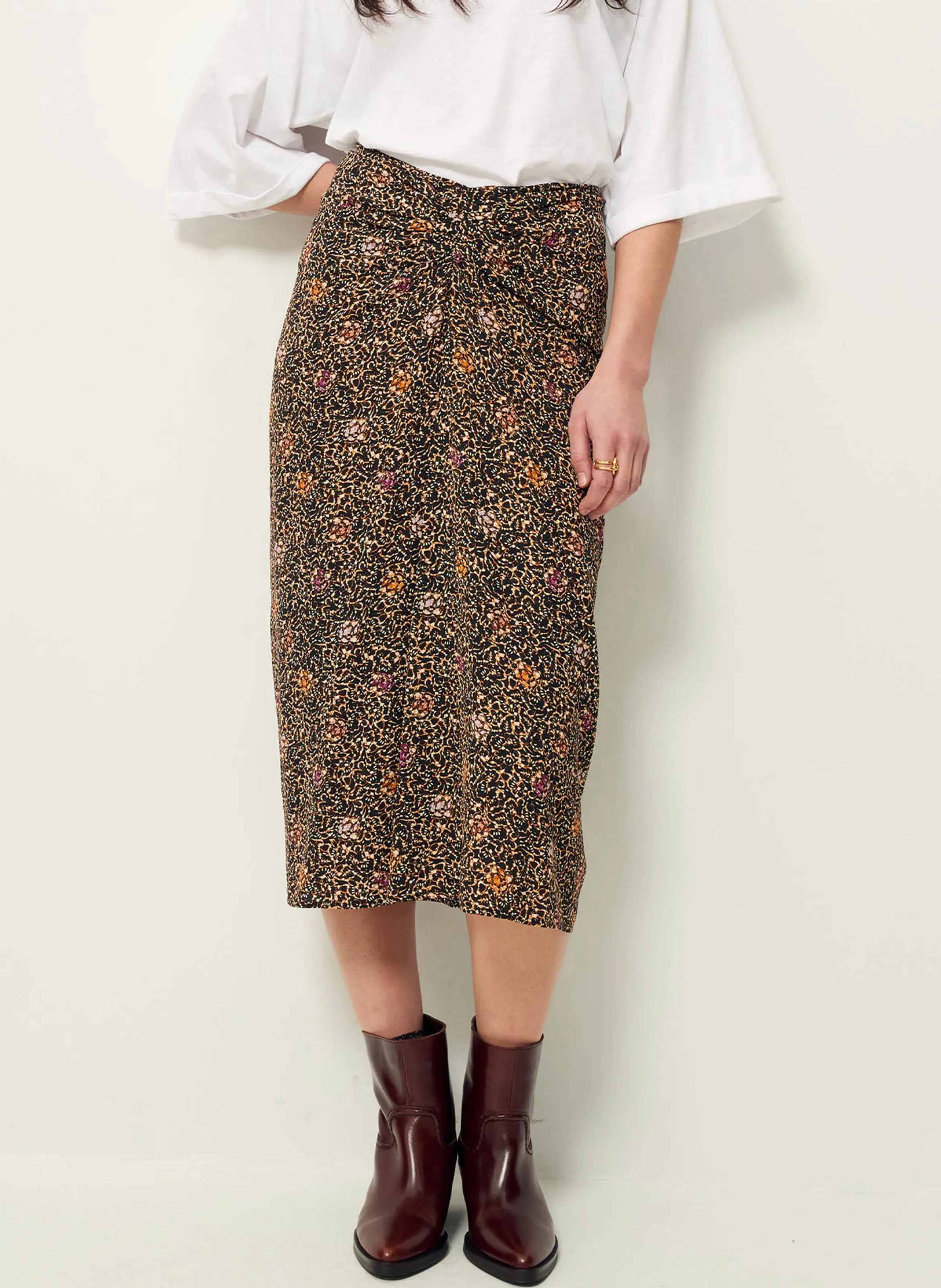 SESSUN LEELONG - Falda midi fruncida e estampada en marron