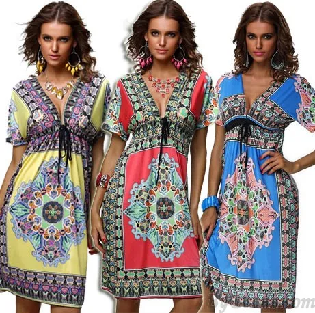 Sexy Deep V Nation Floral Print Milk Silk Beach Dress