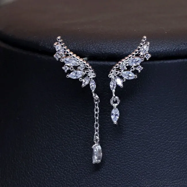 Shining Angel Wings Diamond Asymmetric Tassel Crystal Lady Earrings Studs