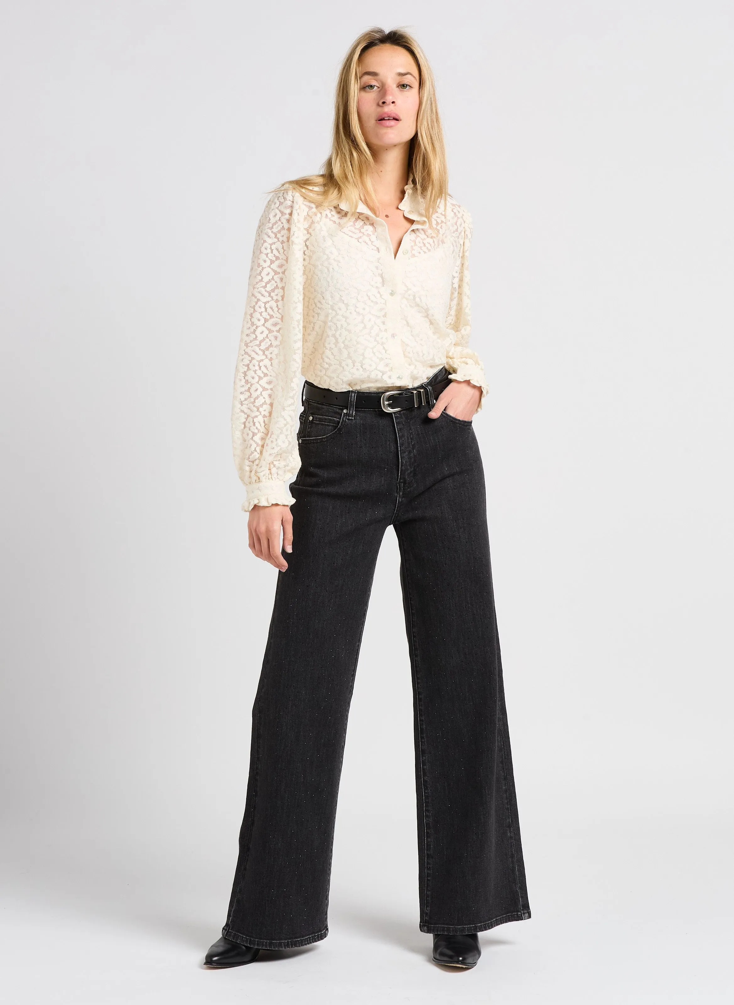 SUNCOO LANNA - Camisa holgada con cuello alto de algodón mezclado en blanco