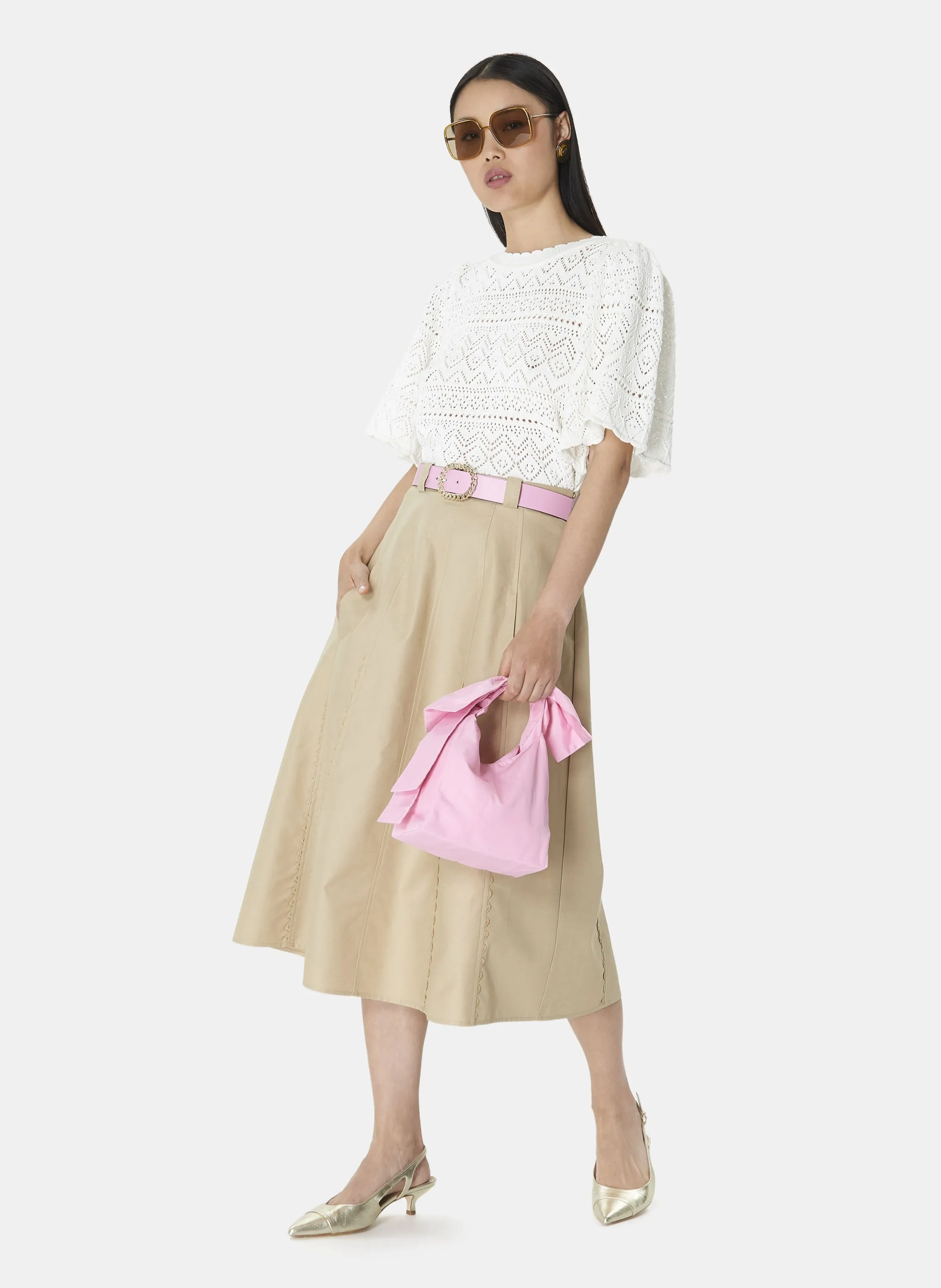 TARA JARMON JIL - Falda midi evasé de algodón con detalles de galones en beige