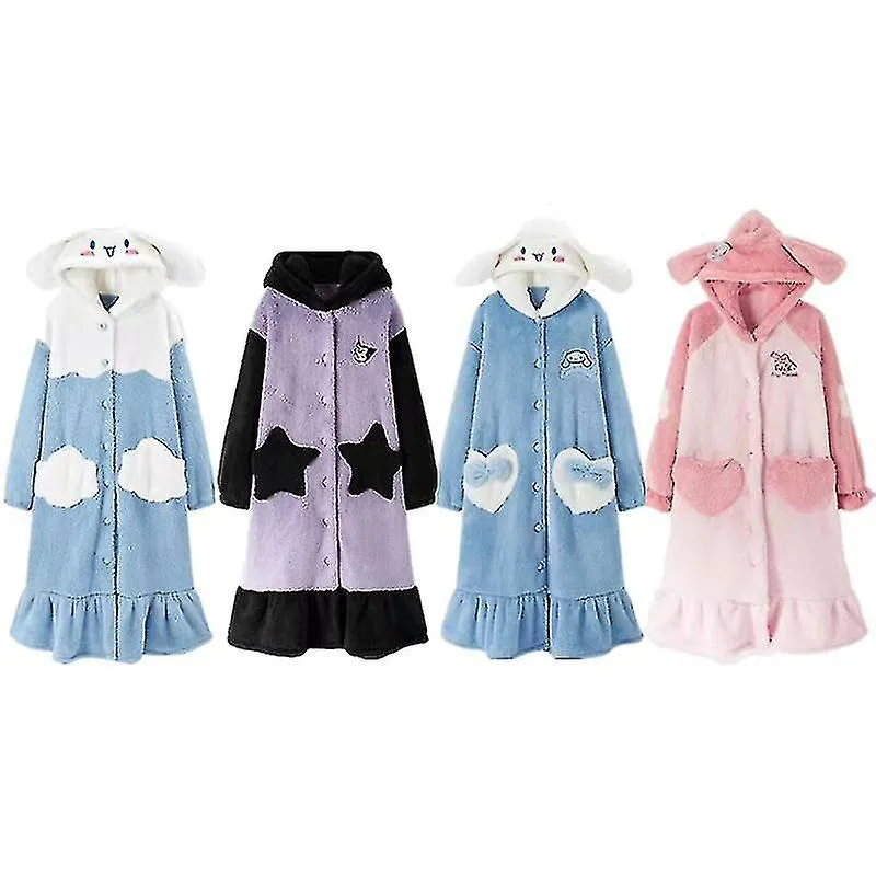 Thickened Fuzzy Warm Coral Hooded Long Flannel Women Gift-c